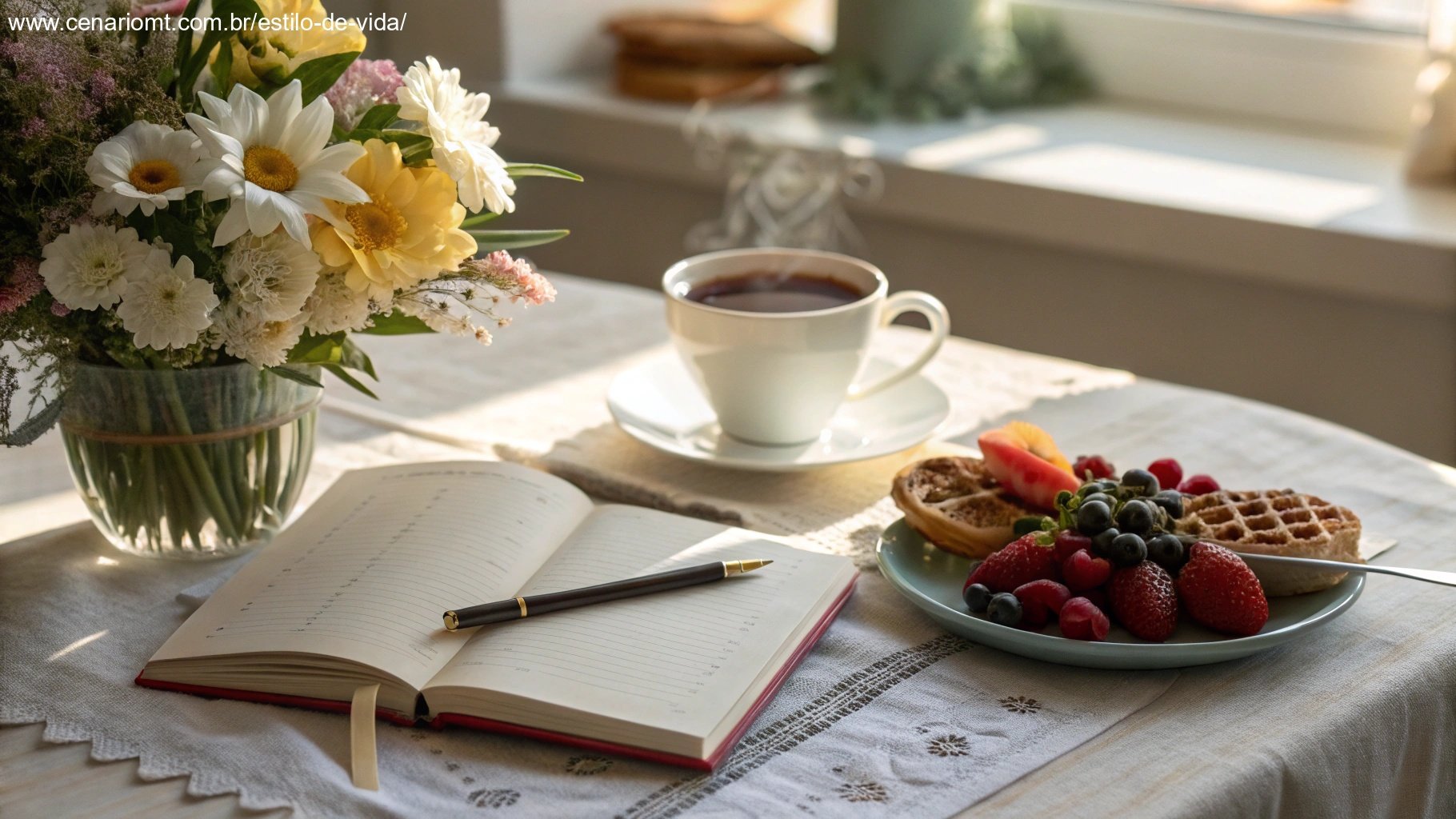 Cena aconchegante de uma mesa de café da manhã com flores frescas, uma xícara de chá e um caderno, banhada pela luz suave da manhã, representando mensagens de bom dia carinhosas.
