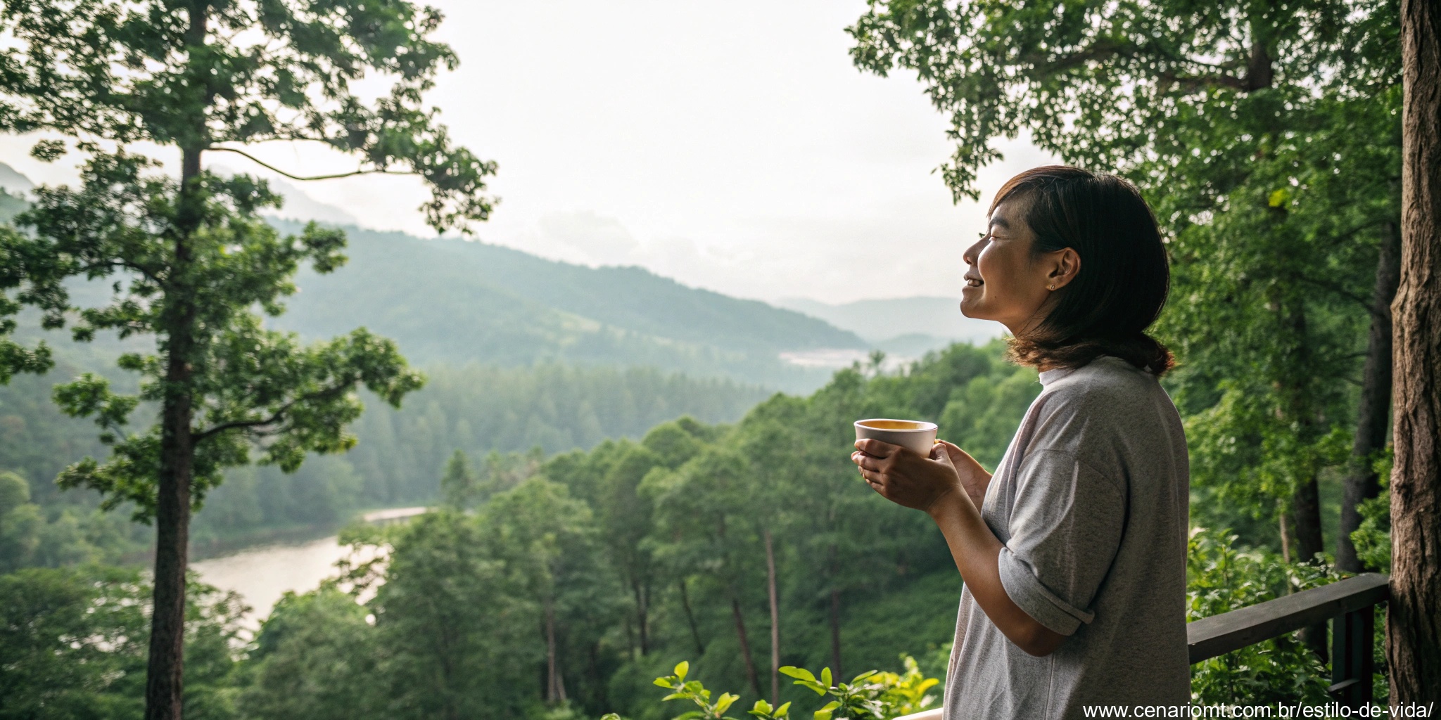 Uma pessoa segurando uma xícara de café com uma expressão de gratidão, cercada pela natureza e o texto 'Mensagens de Bom Dia e a Cultura da Gratidão'