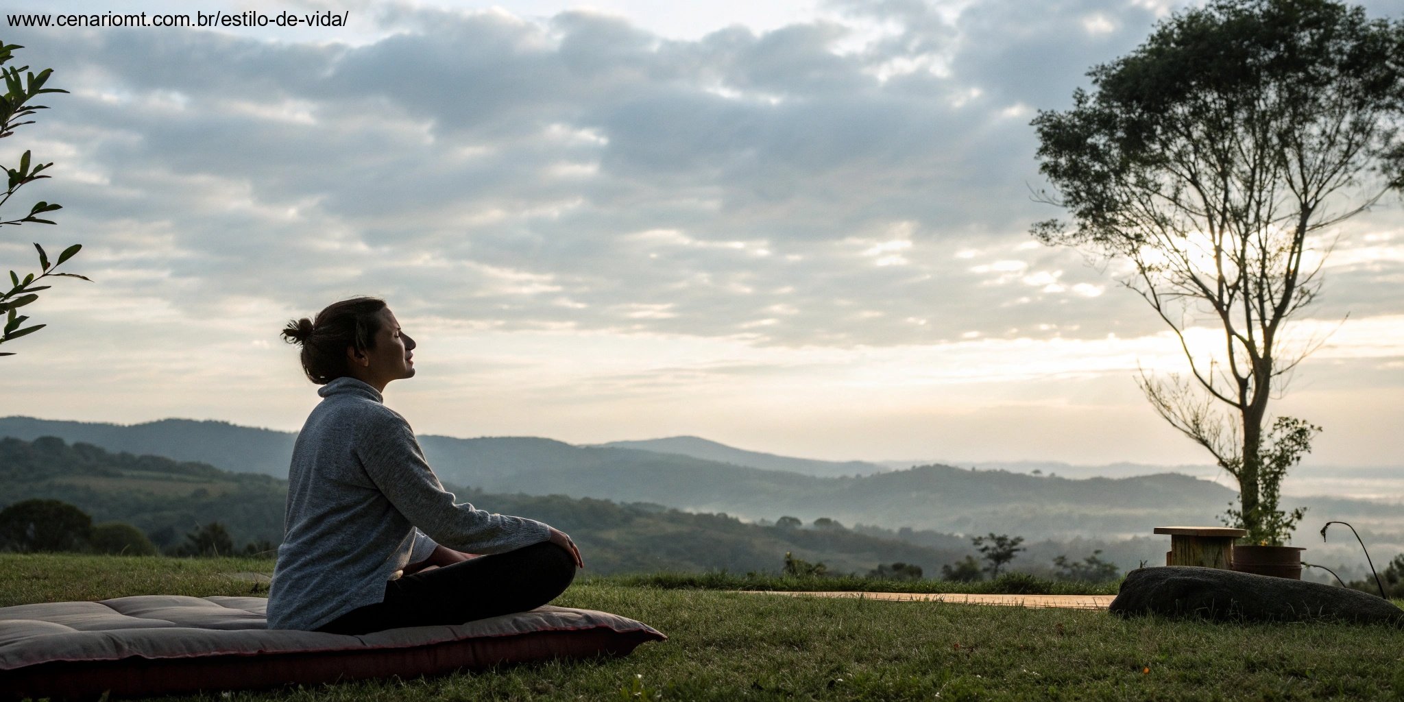 Cena matinal tranquila com uma pessoa meditando, acompanhada de uma mensagem de 'Bom Dia' sobre saúde mental.