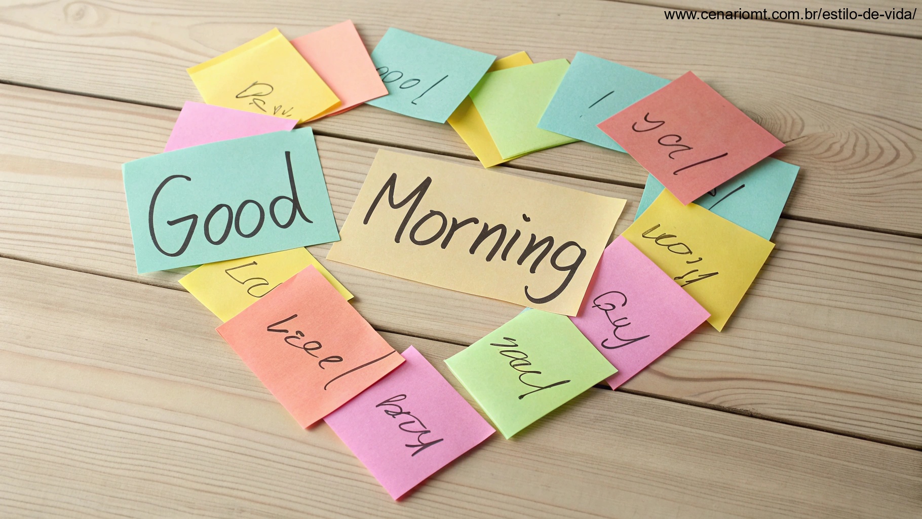 Uma coleção de post-its coloridos com mensagens de bom dia escritas à mão, organizados em forma de coração sobre um fundo de madeira.