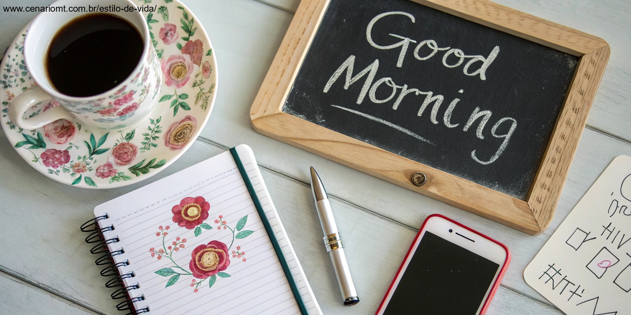 Mensagens de bom dia para diferentes ocasiões, dispostas em uma mesa
