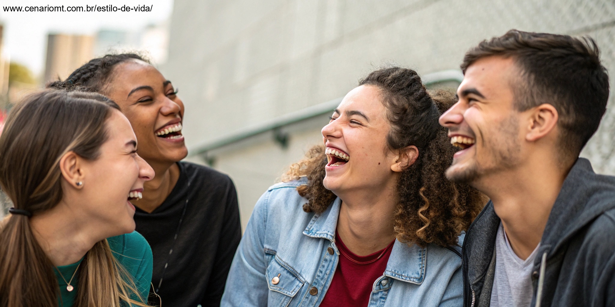 Grupo de amigos rindo juntos enquanto compartilham mensagens de bom dia no celular