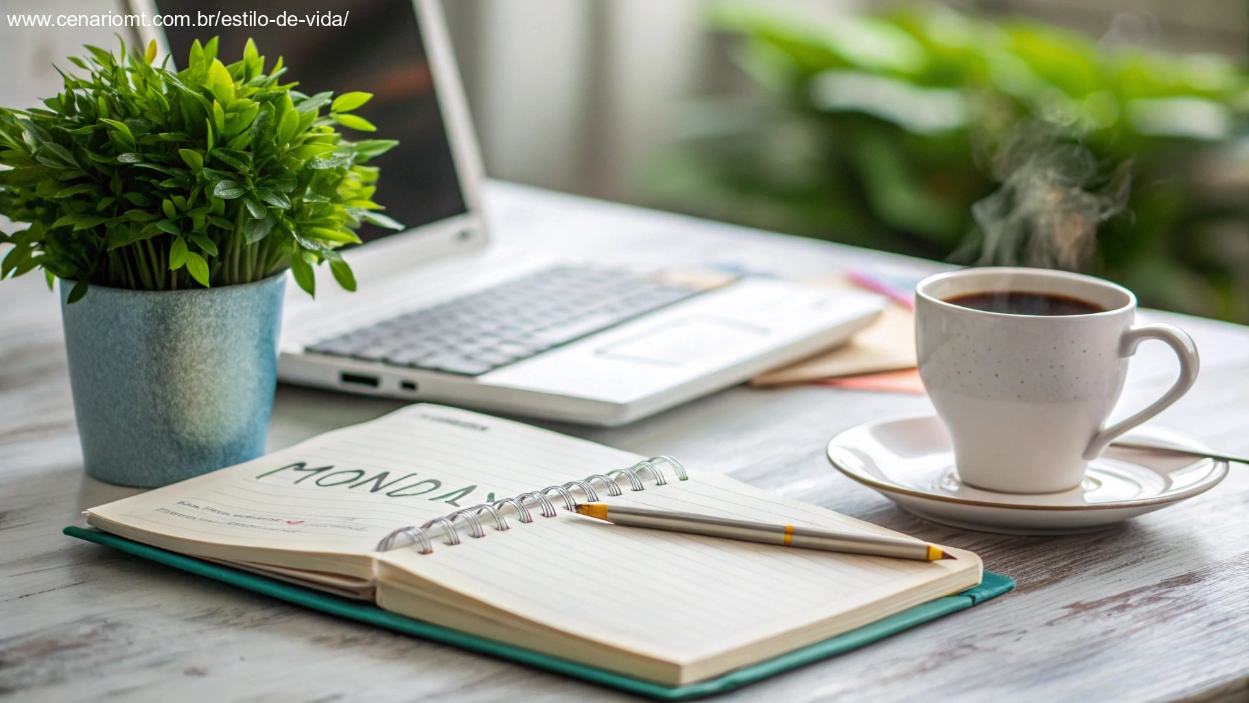 Cena vibrante de uma manhã de segunda-feira com uma mesa organizada contendo um caderno, uma xícara de café e uma planta, simbolizando produtividade e positividade.
