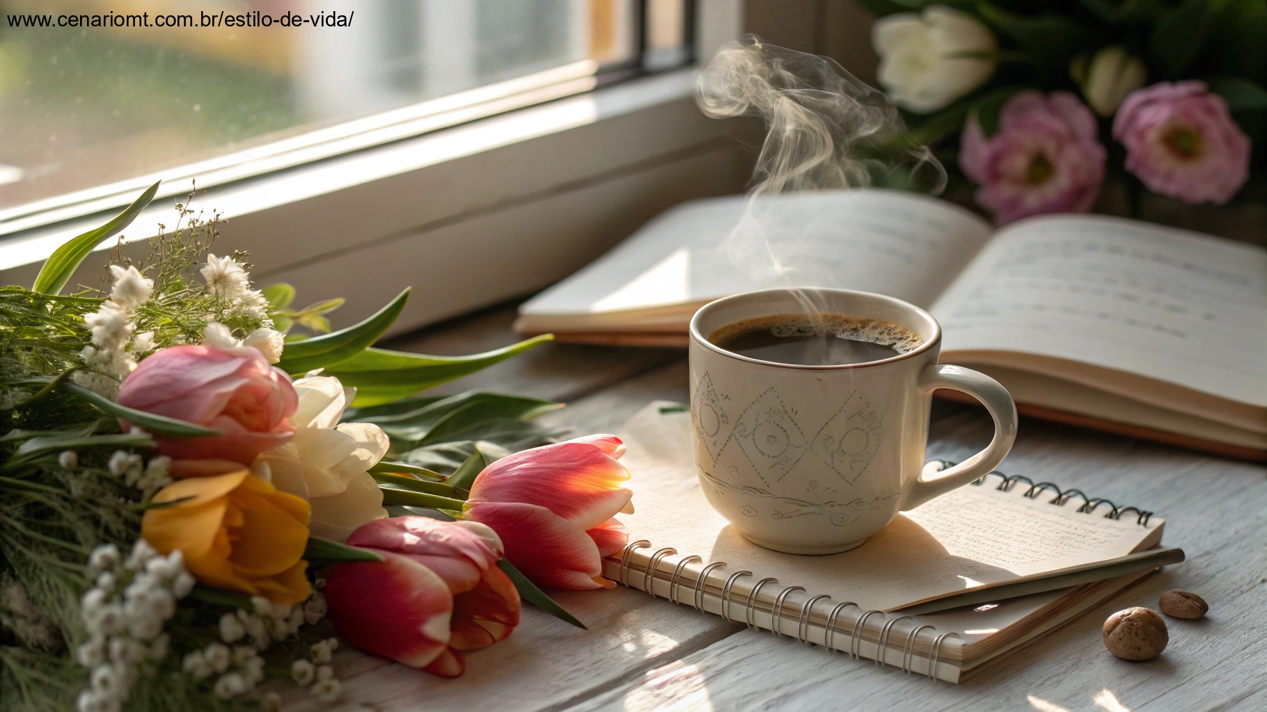 Uma xícara de café aconchegante com vapor subindo, cercada por flores frescas e um caderno, evocando uma manhã de sexta-feira tranquila.