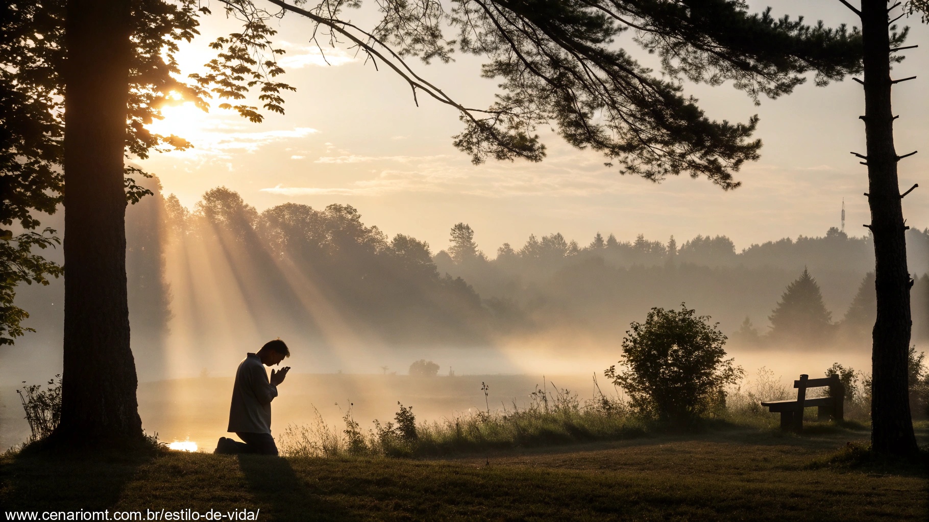 imagem de uma paisagem serena ao amanhecer com uma pessoa em oração