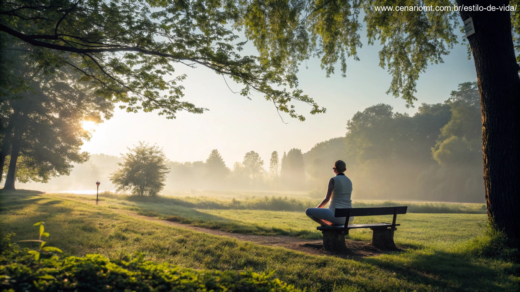 imagem de uma manhã tranquila em um parque com raios de sol suaves e uma pessoa meditando em um banco