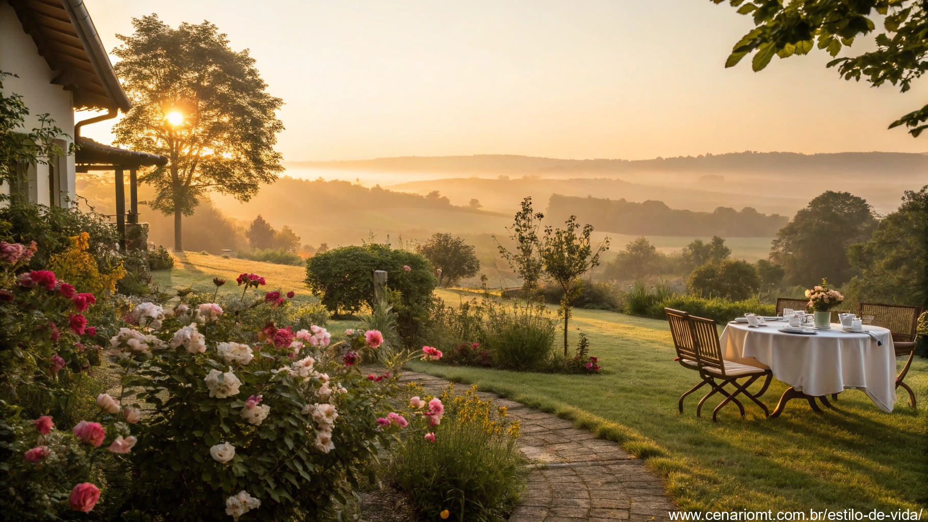 imagem de um nascer do sol em um parque tranquilo com uma pessoa se alongando na grama, cercada por flores e árvores