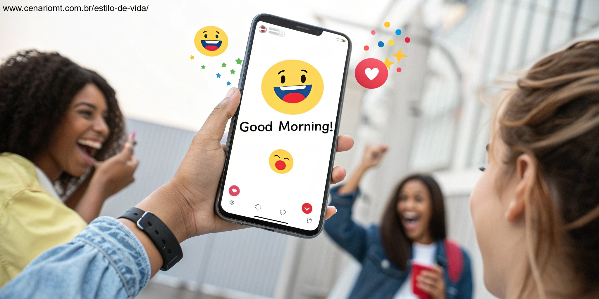 Mensagens de bom dia nas redes sociais. Tela de celular com post alegre e emojis.