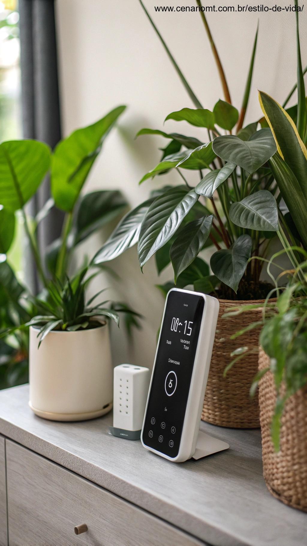 Dispositivo inteligente posicionado próximo a plantas de interior, monitorando níveis de umidade, luz e temperatura