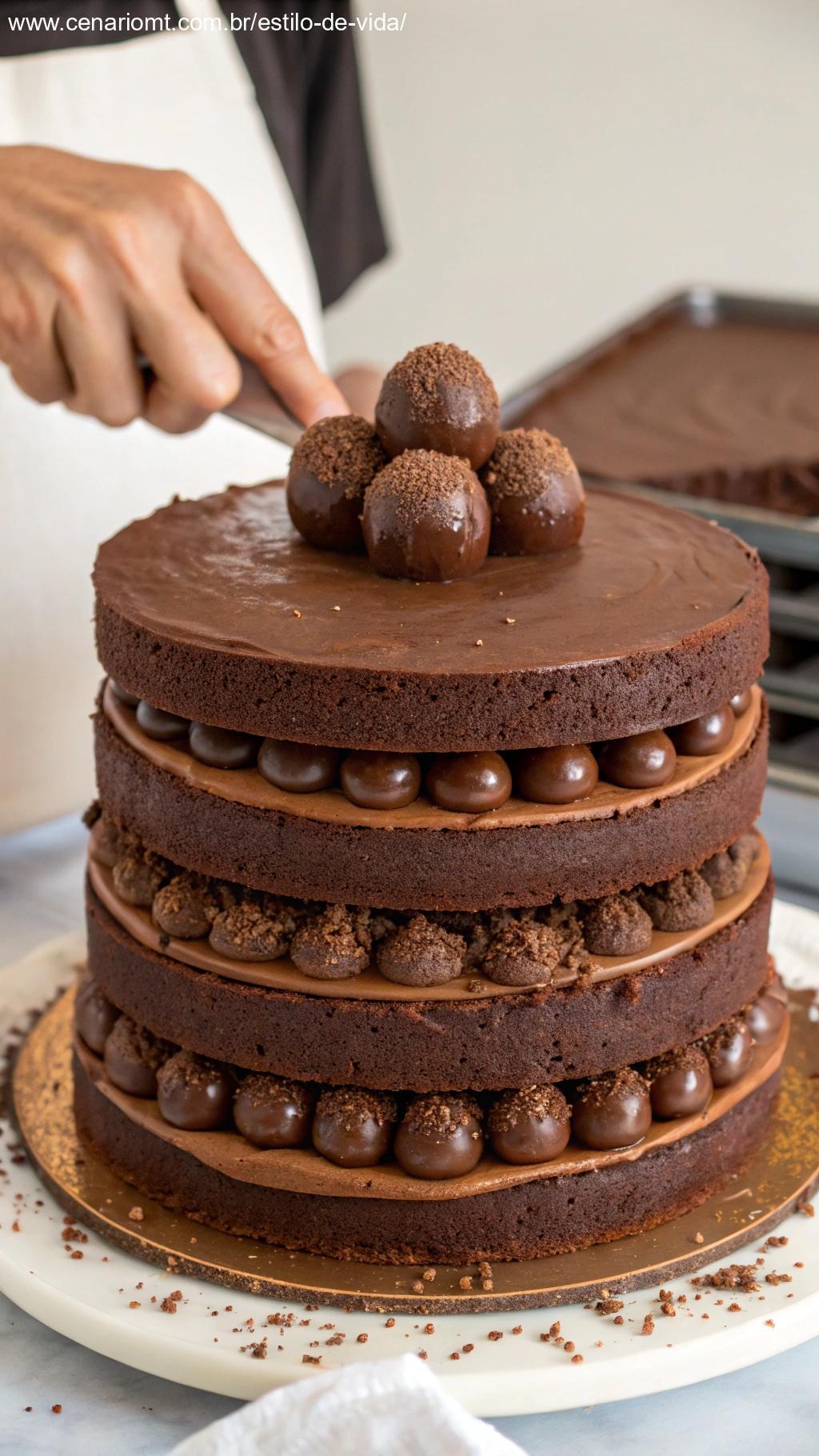 Bolo de chocolate sendo montado com recheio de trufa entre as camadas.