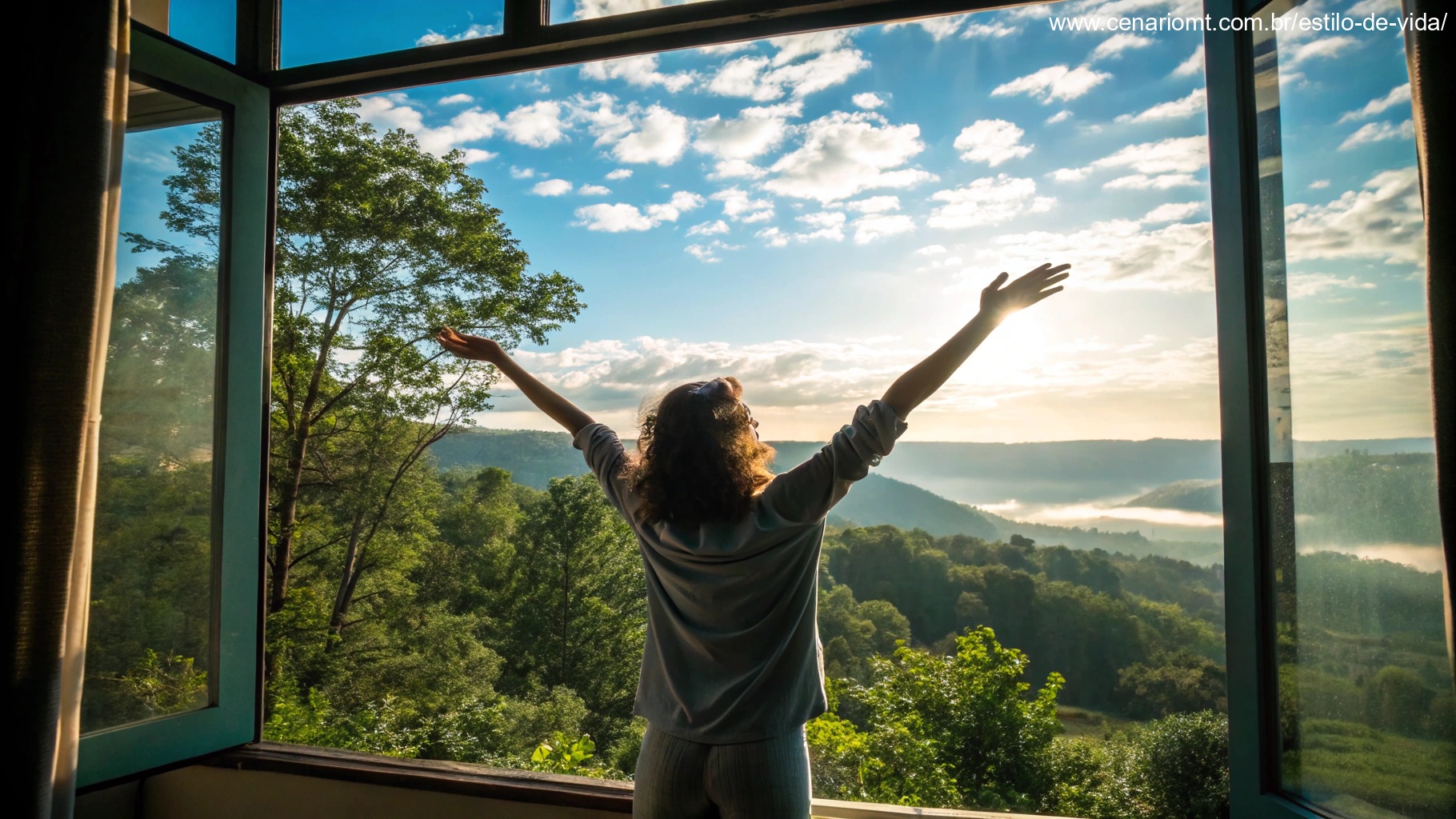 Imagem de uma manhã ensolarada com uma pessoa inspirada diante de uma janela, simbolizando motivação.