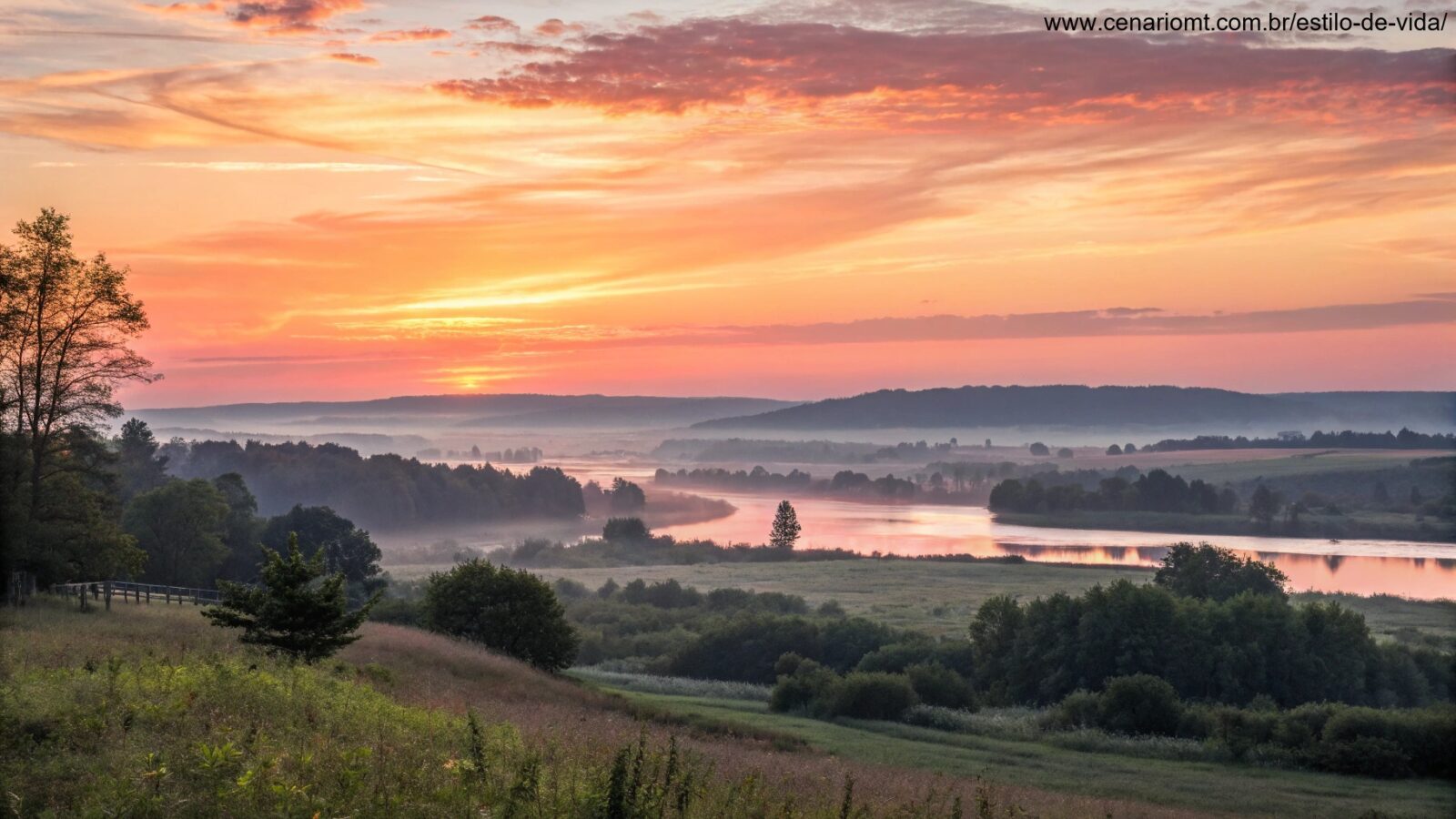 Nascer do sol sobre uma paisagem serena, simbolizando esperança e novos começos.
