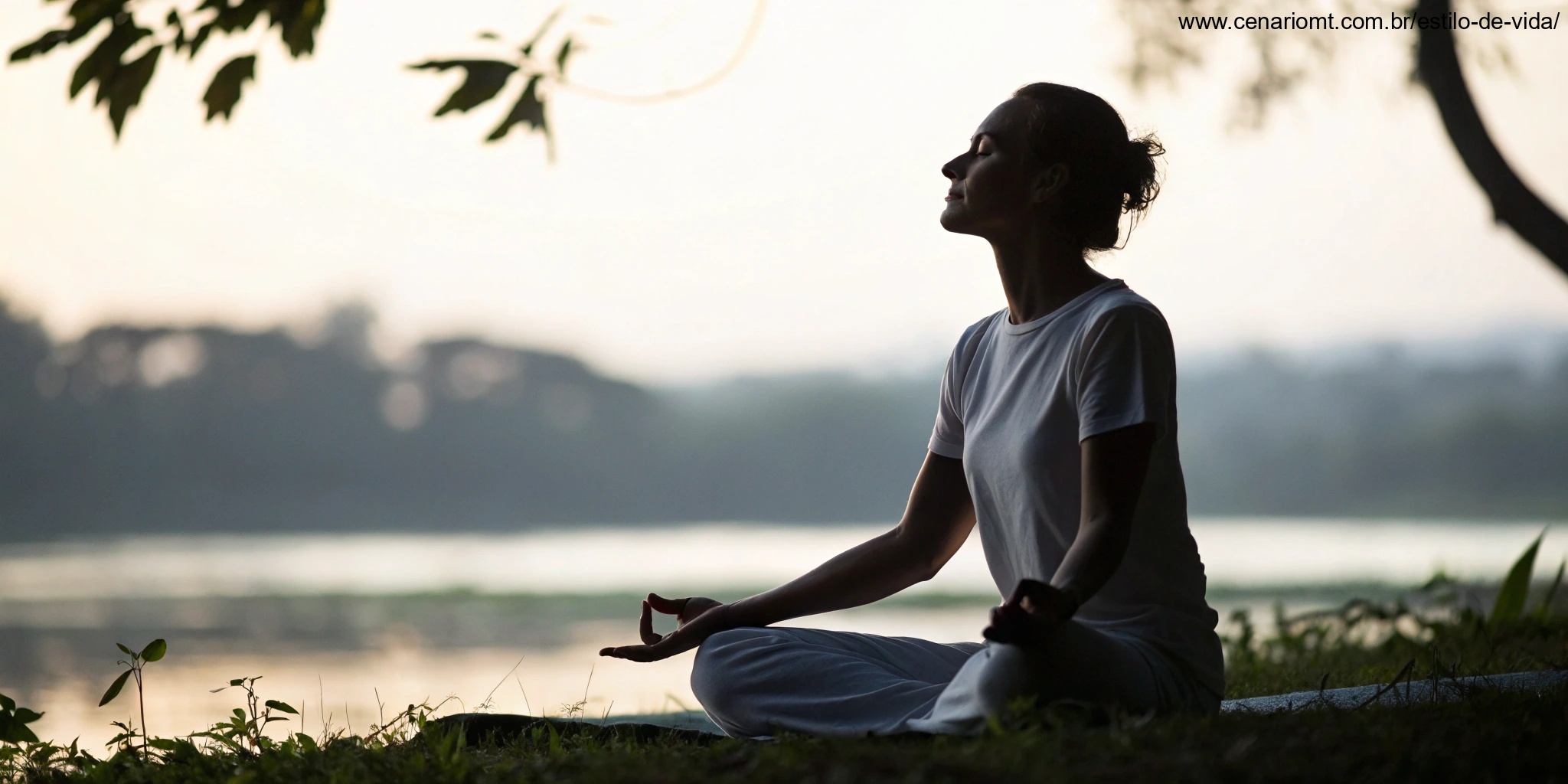 Uma cena calma e tranquila com uma pessoa meditando, acompanhada do texto 'O Impacto das Mensagens de Bom Dia na Saúde Mental'