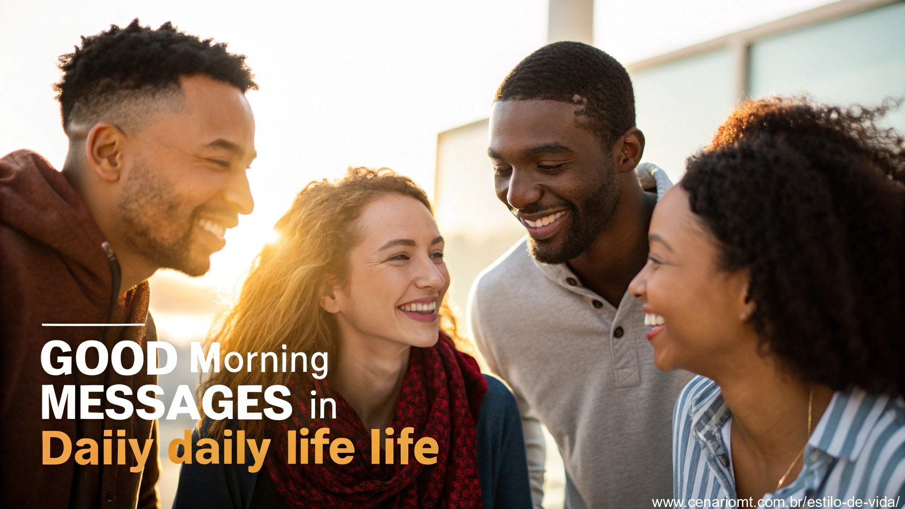 Um grupo de pessoas diversas sorrindo e compartilhando um momento de conexão, com um fundo quente e brilhante, simbolizando o impacto das mensagens de bom dia no dia a dia.