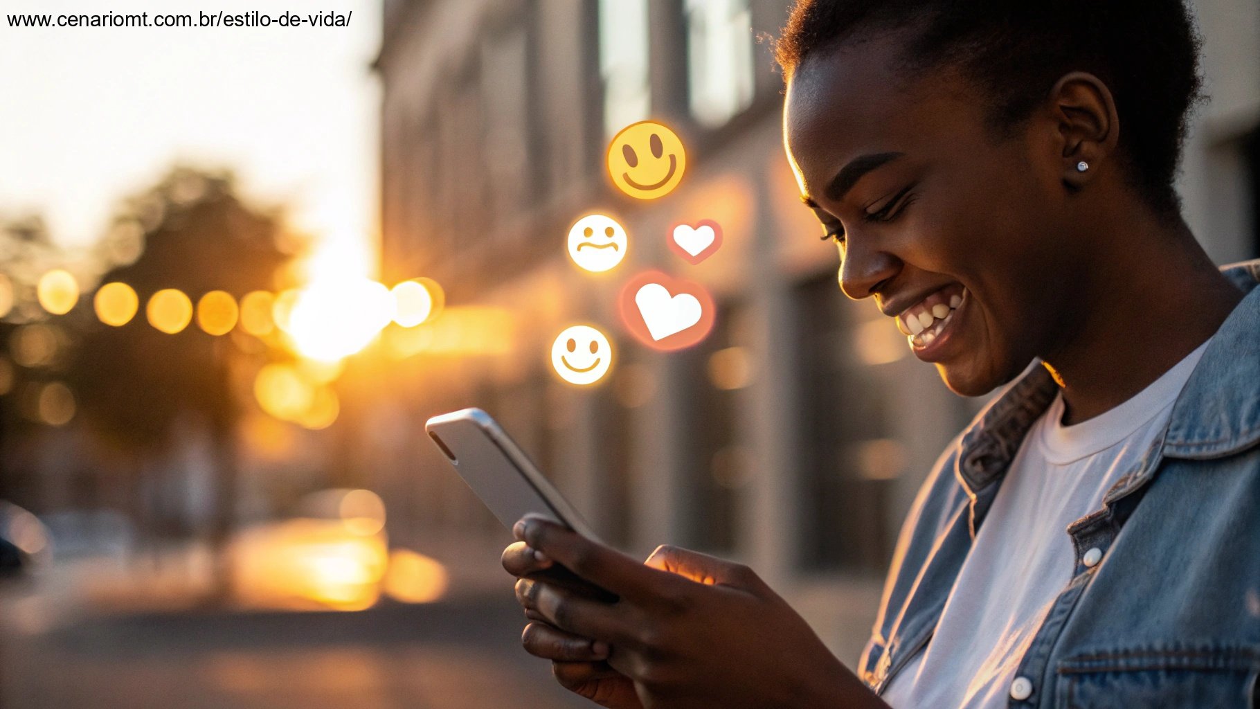 Pessoa sorrindo ao ler uma mensagem no celular, envolta em uma luz quente