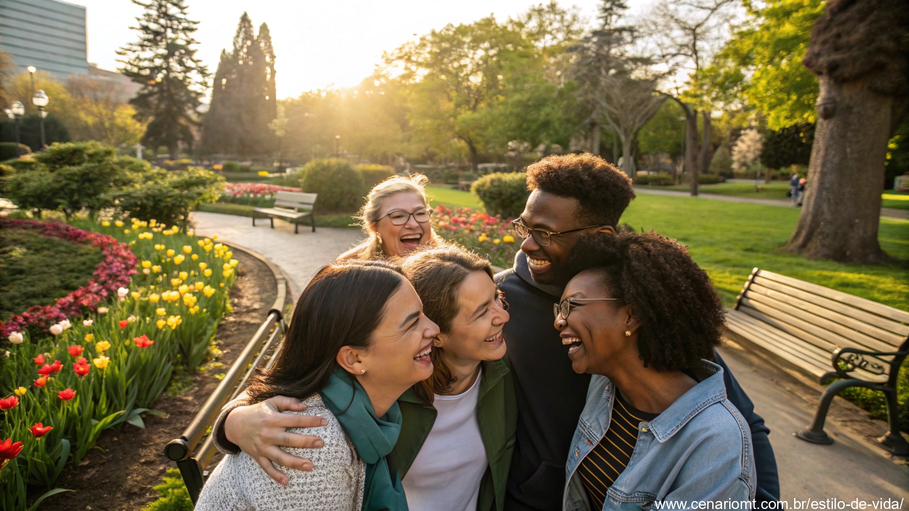 Um grupo de pessoas diversas sorrindo e compartilhando um momento juntas em um parque ensolarado, destacando o impacto de uma mensagem de bom dia no dia a dia.