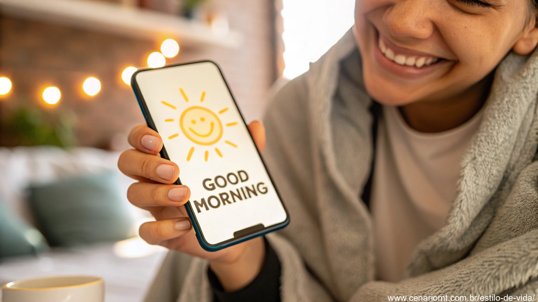 Close-up de uma pessoa sorridente segurando um celular com uma mensagem alegre de bom dia na tela, cercada por uma atmosfera acolhedora, representando o impacto de uma mensagem de bom dia no seu dia.