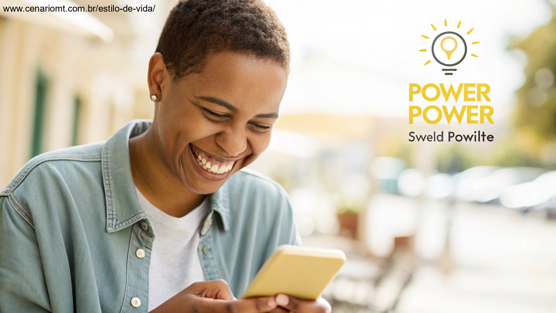 Imagem brilhante e alegre de uma pessoa sorrindo ao ler uma mensagem positiva, simbolizando o impacto de uma mensagem positiva no seu dia.
