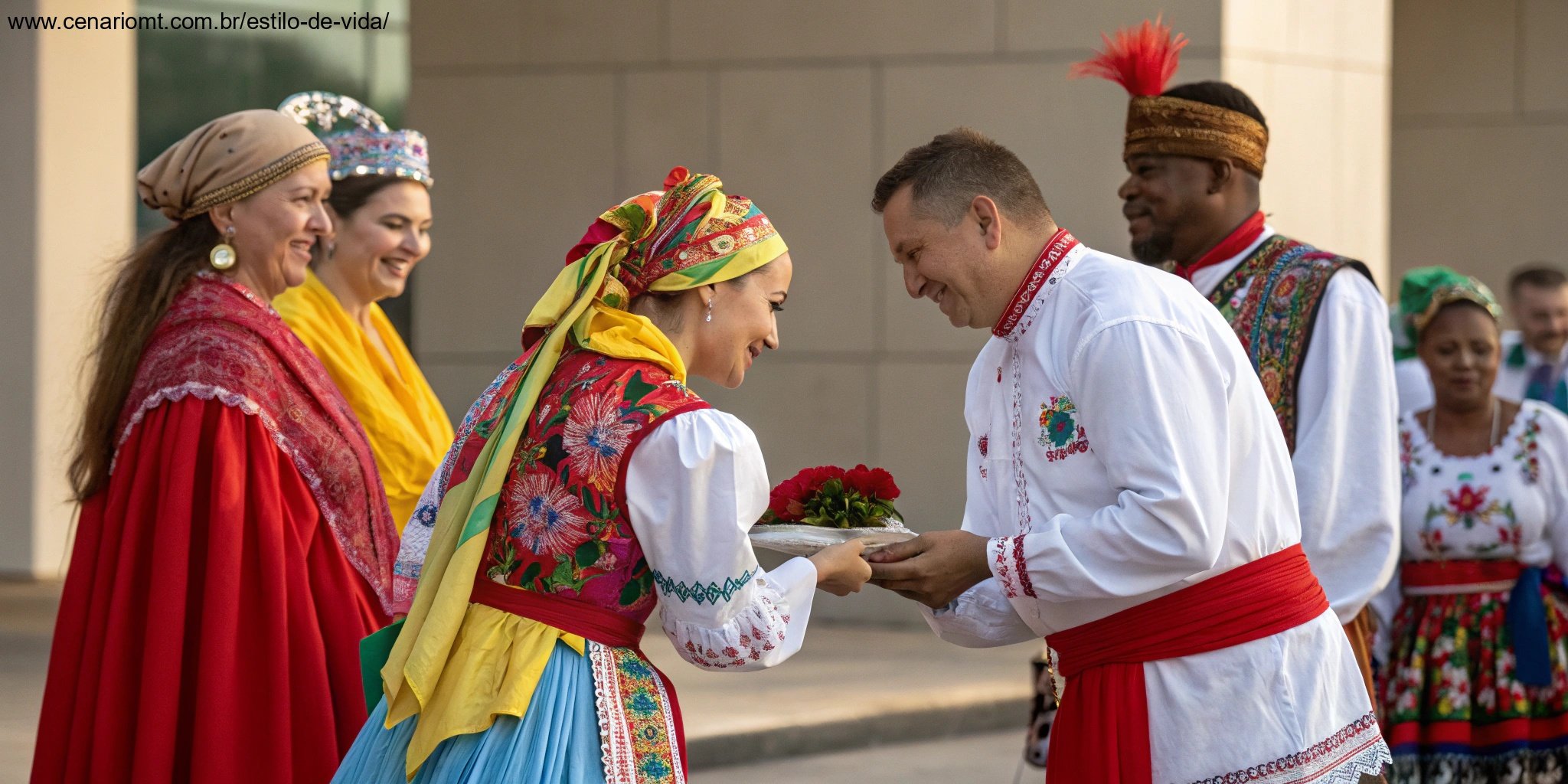 Celebração cultural com pessoas trocando mensagens de bom dia em trajes tradicionais