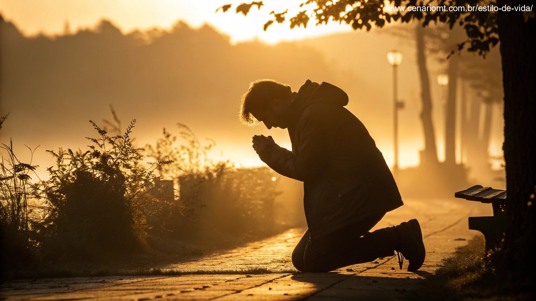 Uma pessoa ajoelhada em oração ao amanhecer, cercada por uma luz dourada e quente, representando o poder de começar o dia com Deus.
