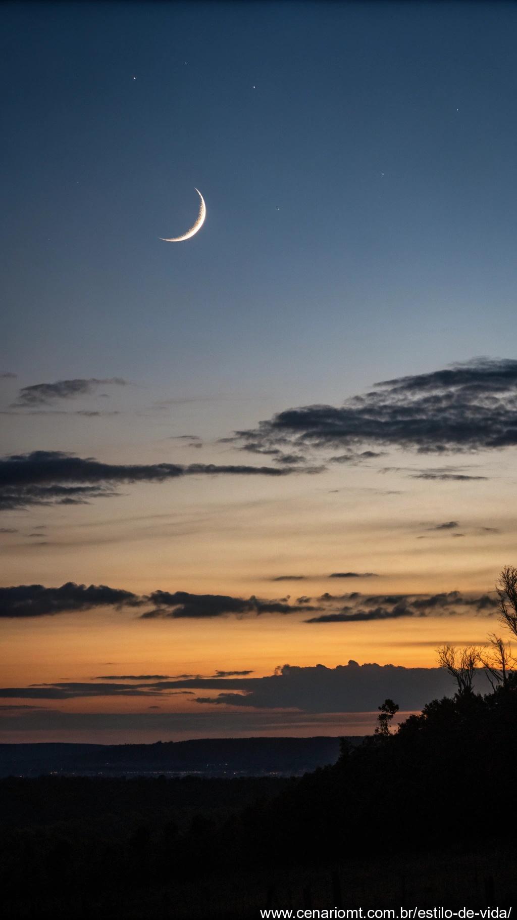Céu escuro com um leve contorno da lua, representando a fase da Lua Nova