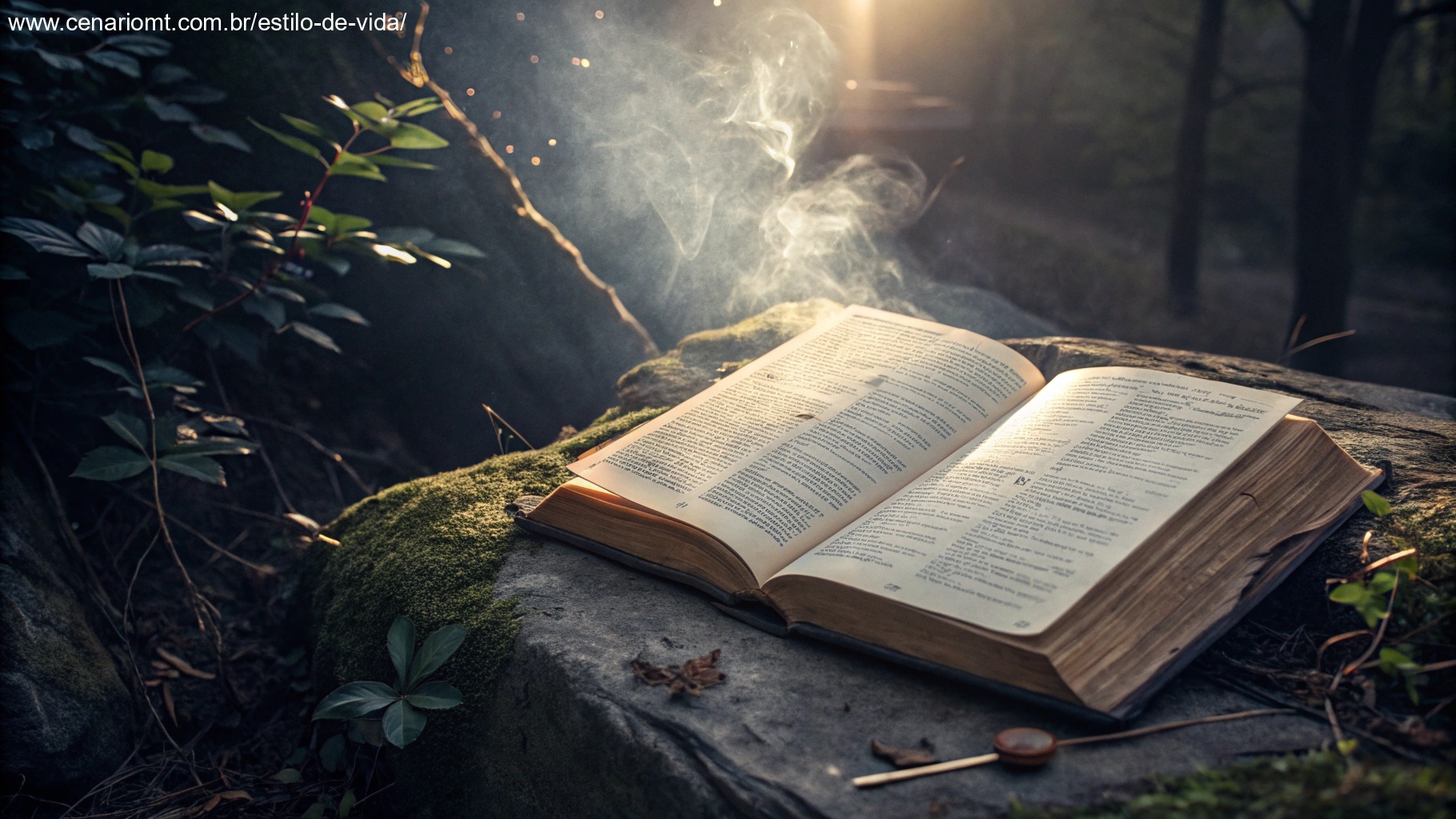 Um livro antigo aberto com uma página brilhante, simbolizando o Salmo do dia, cercado por uma aura mística e espiritual.