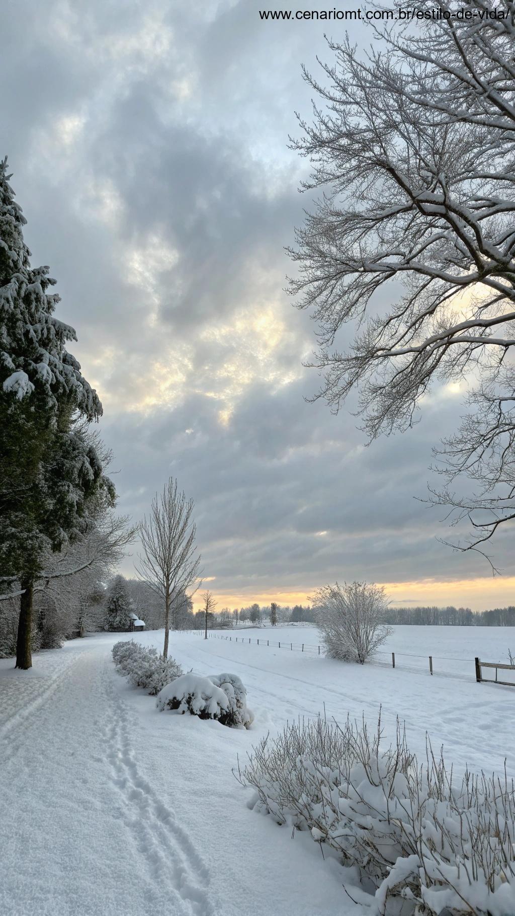 Uma manhã tranquila de inverno, com neve caindo suavemente e a promessa de um dia gratificante pela frente.