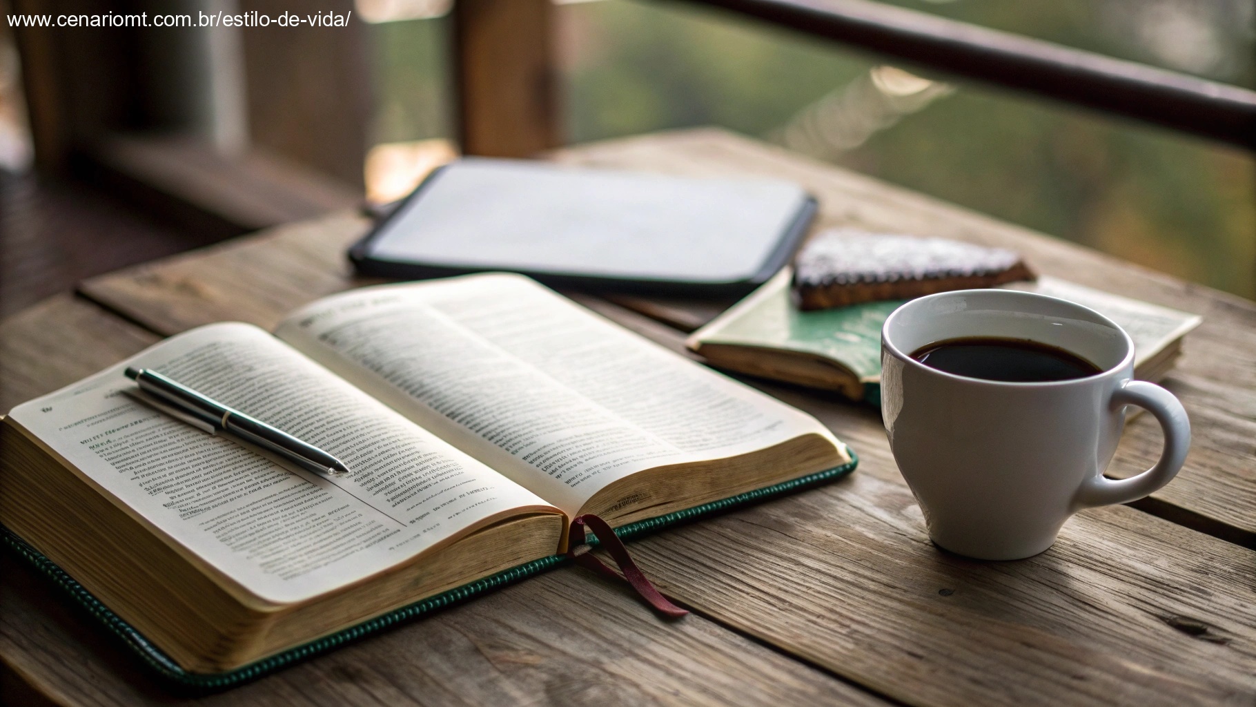 Uma manhã tranquila de quarta-feira com uma Bíblia aberta em um Salmo, uma xícara de café e um caderno, simbolizando reflexão e espiritualidade.