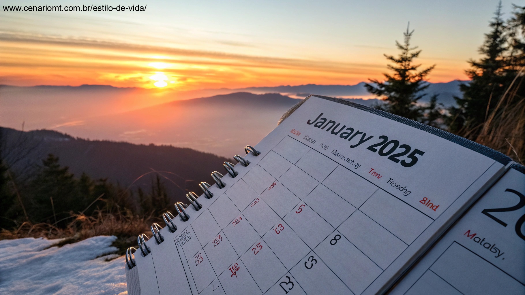 Imagem simbólica de um calendário aberto na data 29 de janeiro de 2025, com um nascer do sol ao fundo, representando o significado da data.