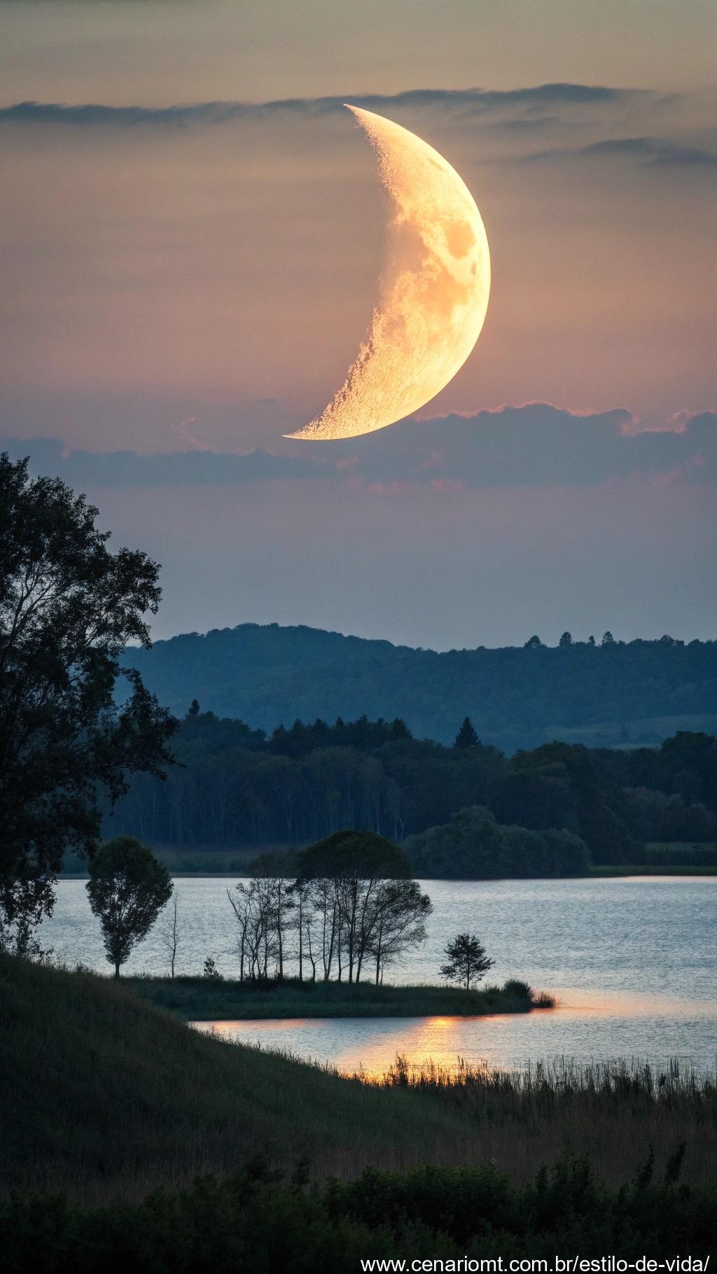 Lua crescente brilhando sobre uma paisagem tranquila