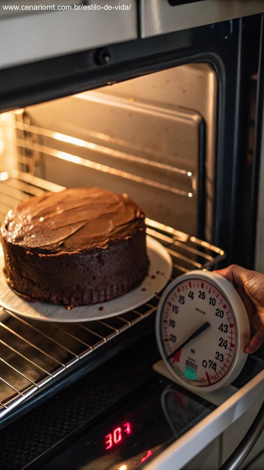 Bolo de chocolate sendo colocado no forno com o tempo de cozimento ajustado.