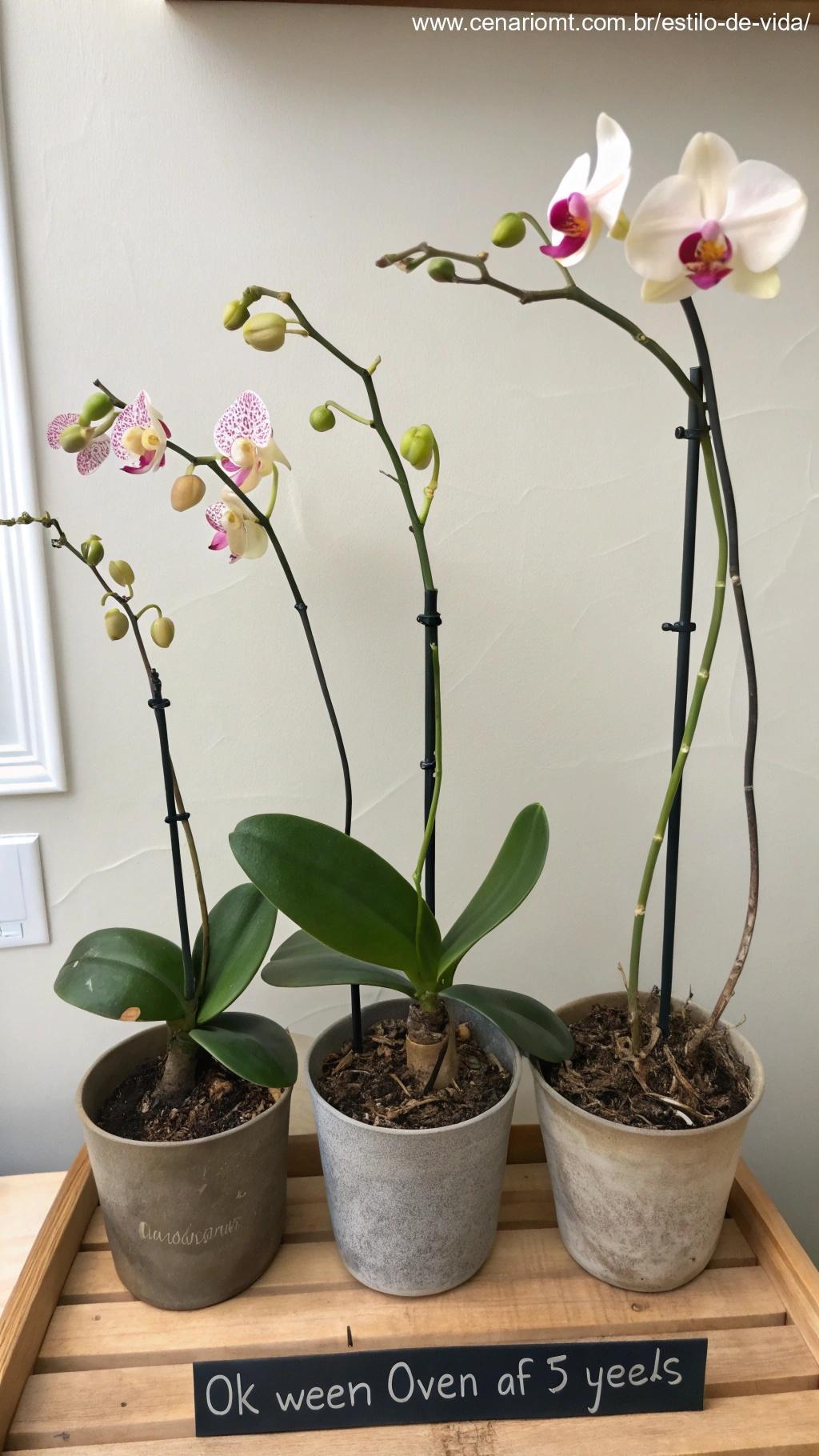 Configuração de time-lapse capturando o crescimento de uma planta de orquídea ao longo de várias semanas, mostrando novas folhas e flores