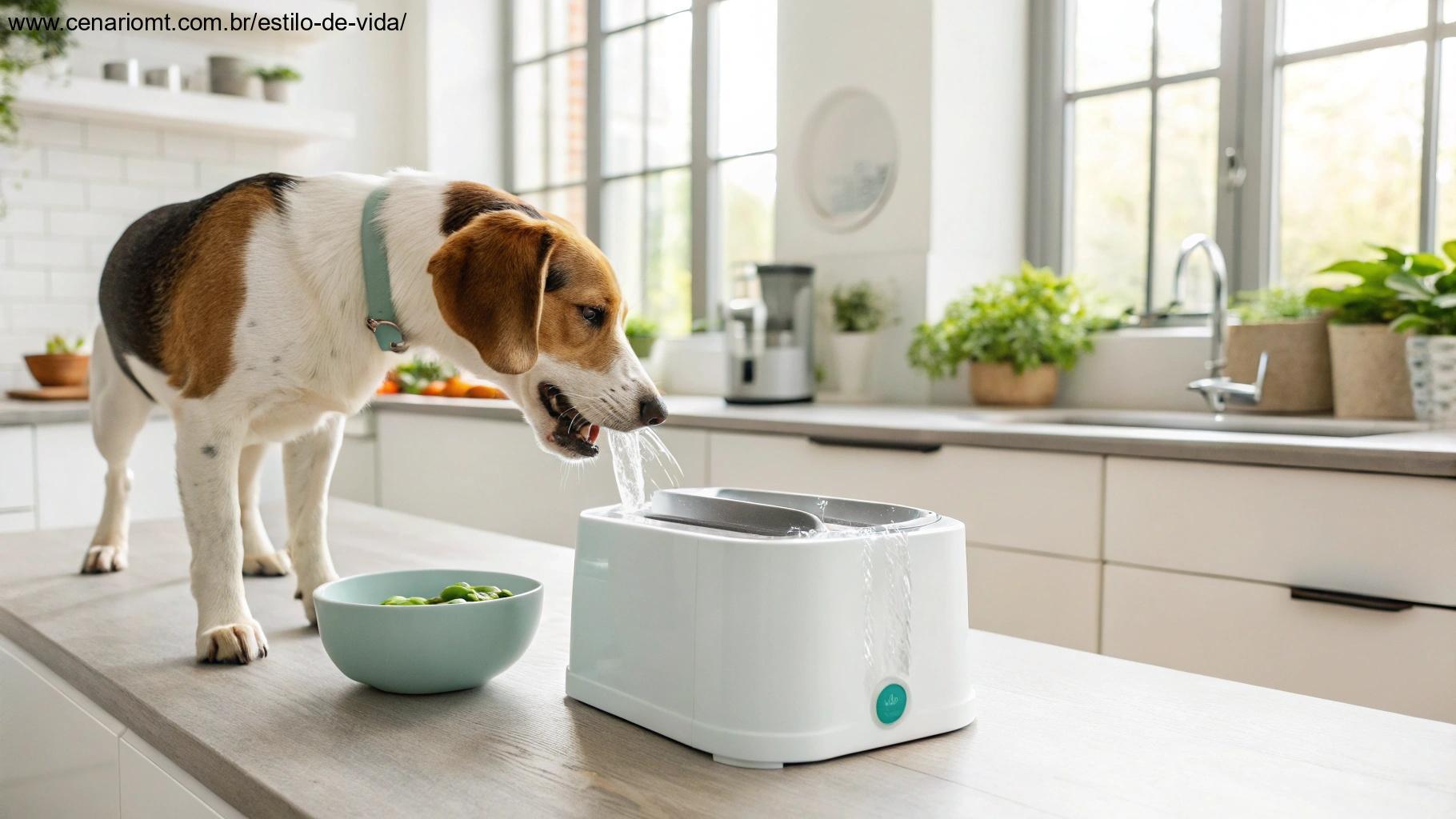 Cachorro bebendo água de uma fonte automática em uma cozinha moderna