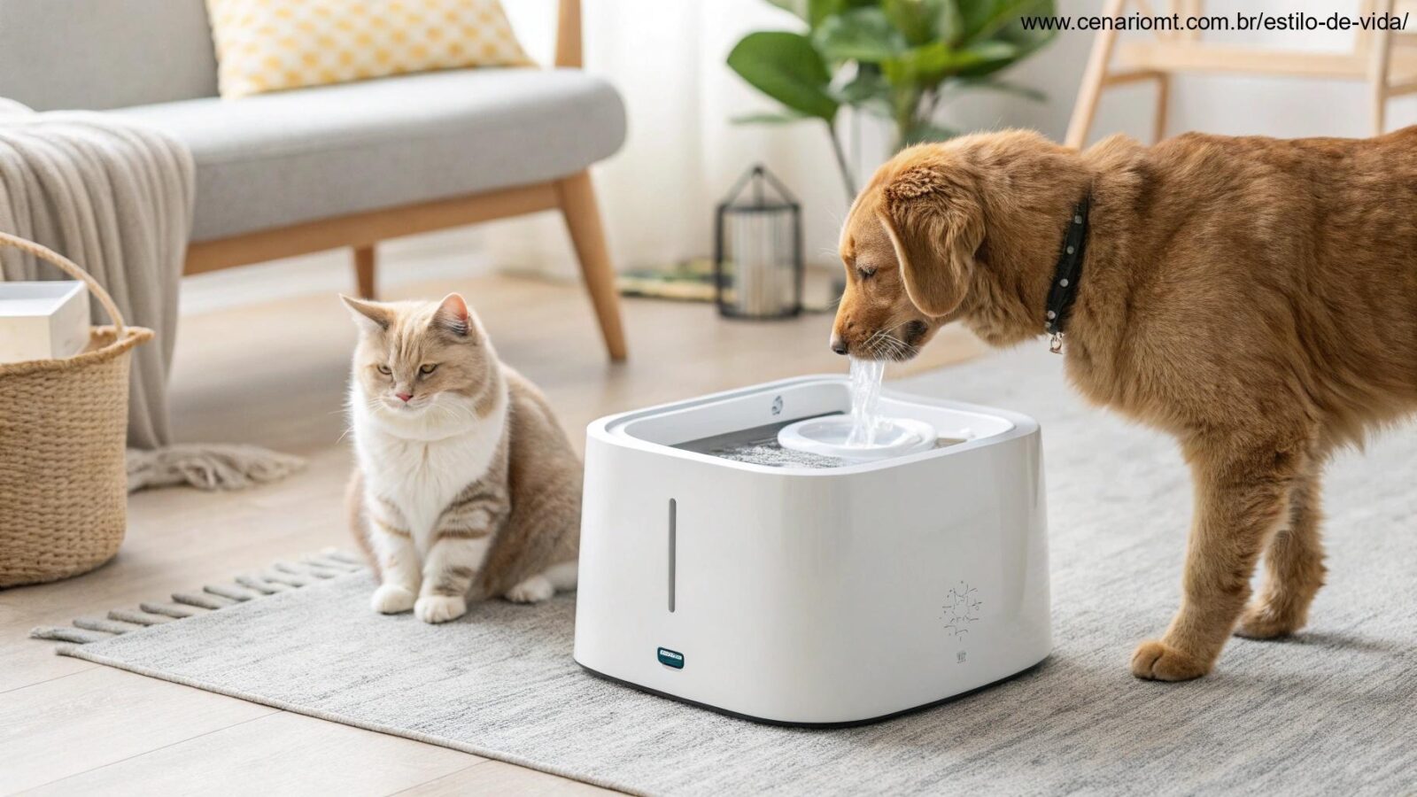 Fonte de água moderna para gatos e cães em um ambiente aconchegante