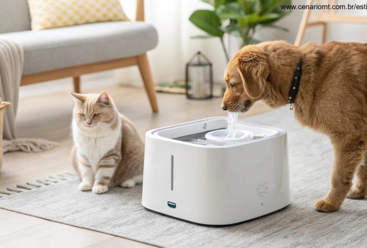 Fonte de água moderna para gatos e cães em um ambiente aconchegante
