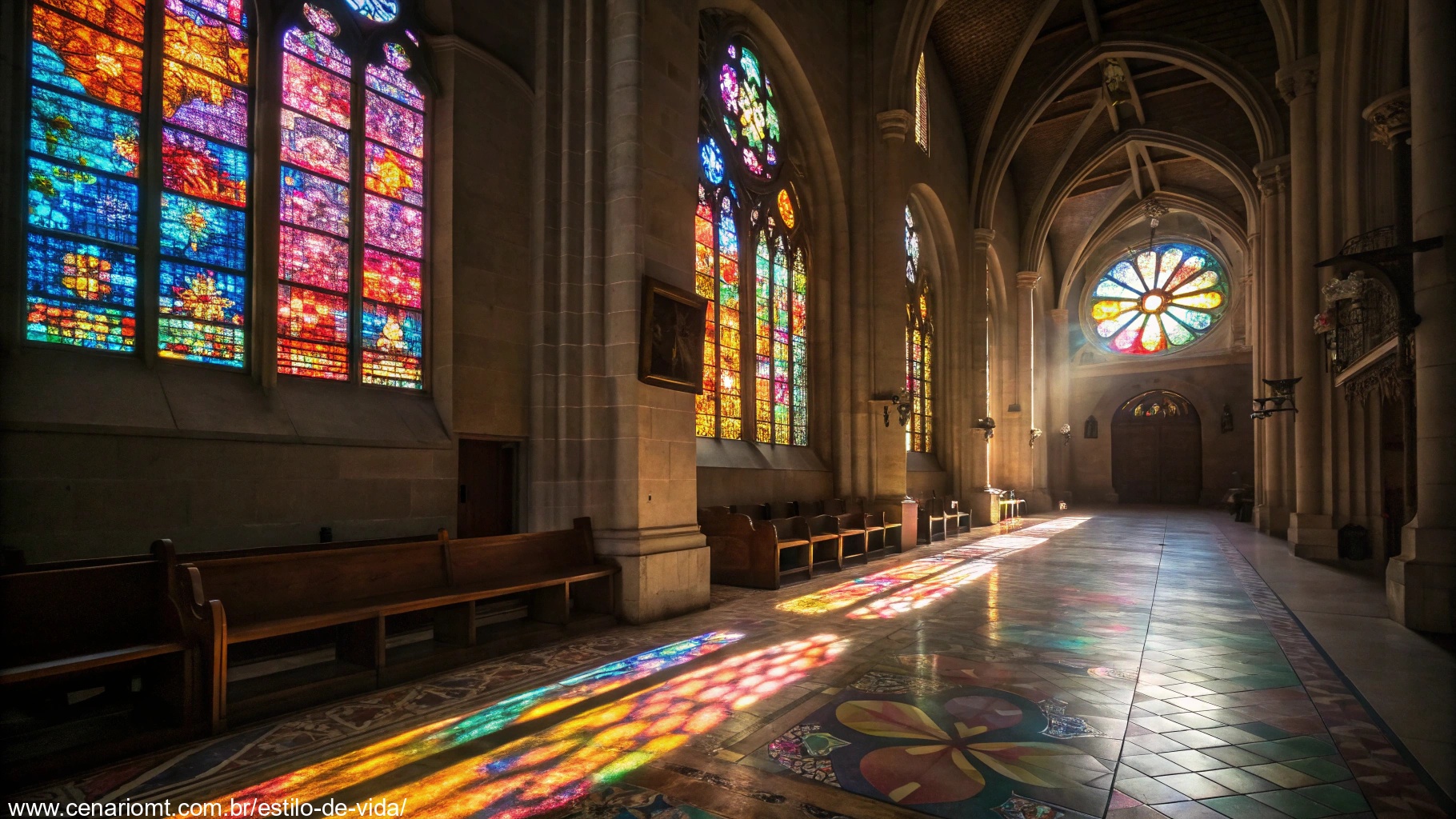 Interior tranquilo de uma igreja com luz do sol entrando por vitrais, criando uma atmosfera calma para oração.