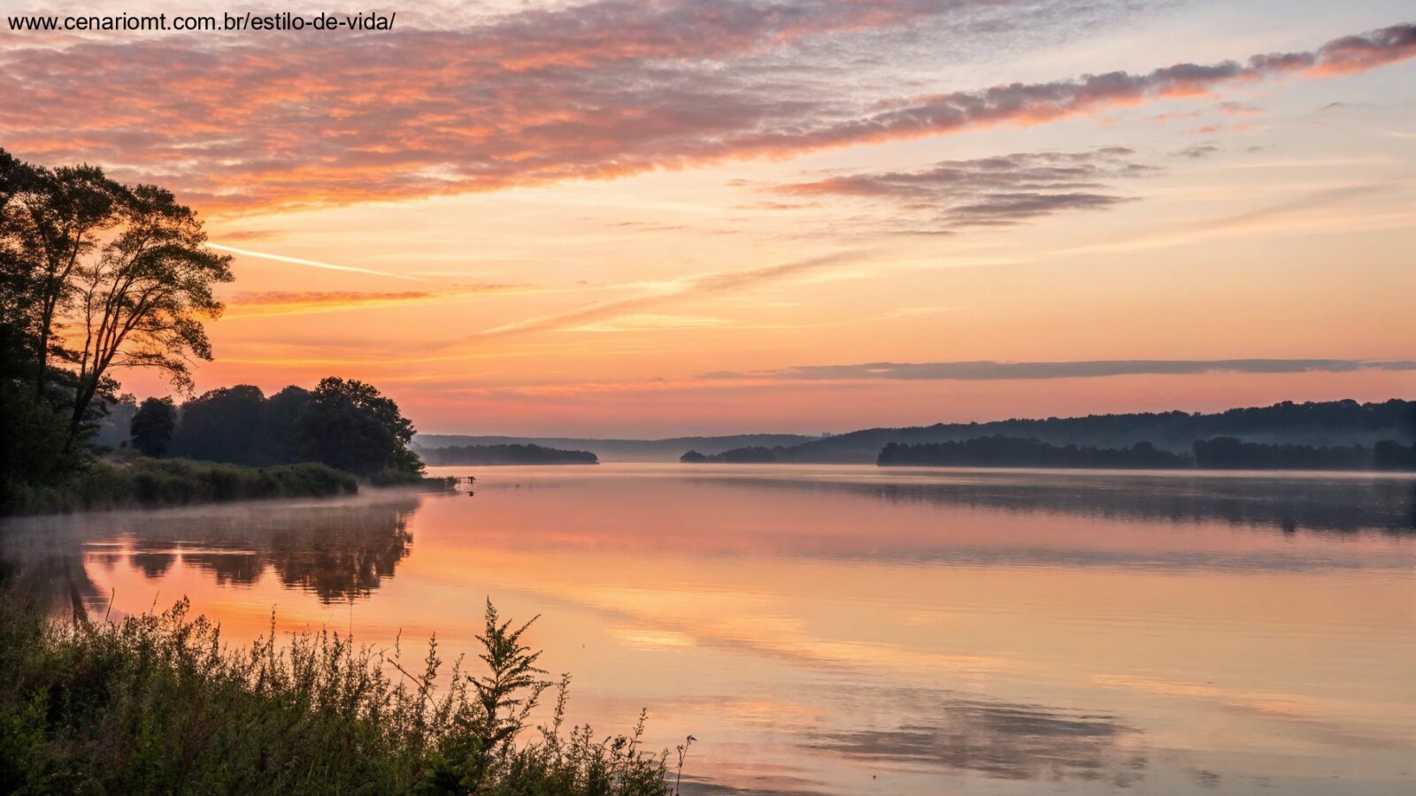 Um nascer do sol sereno sobre um lago calmo, com luz suave refletindo na água, simbolizando inspiração e reflexão para o dia.