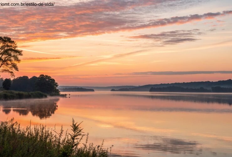 Um nascer do sol sereno sobre um lago calmo, com luz suave refletindo na água, simbolizando inspiração e reflexão para o dia.