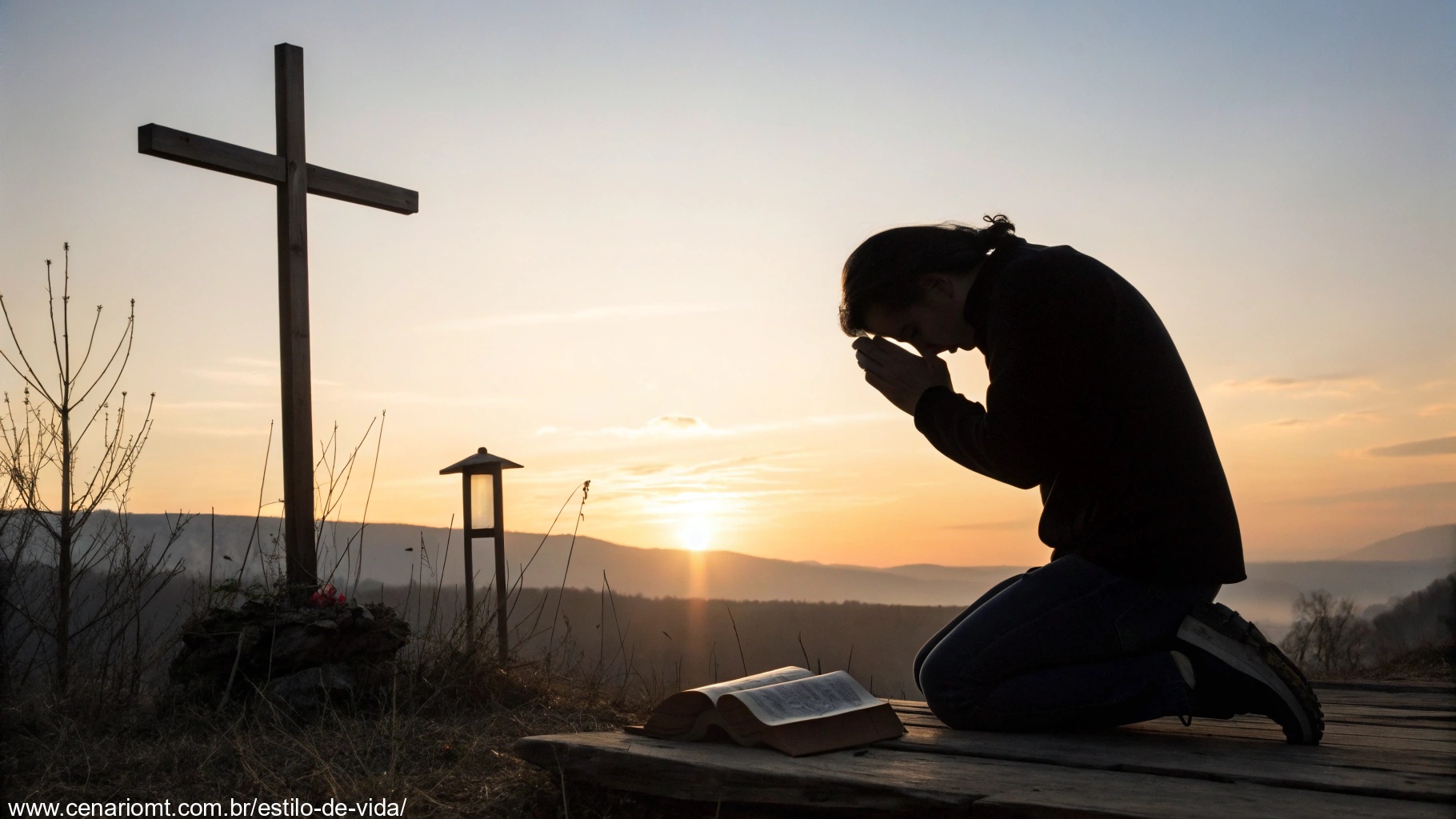 imagem de pessoa orando ao amanhecer, com um fundo sutil de nascer do sol, transmitindo paz e espiritualidade