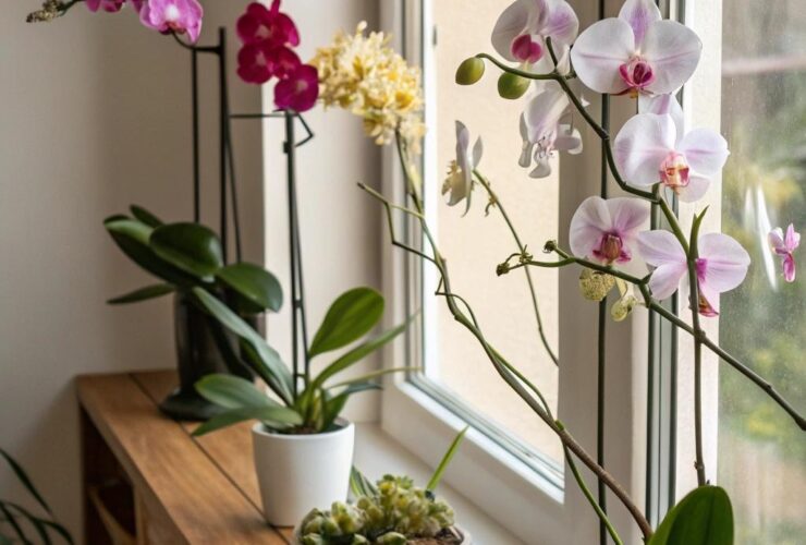 Interior de casa sereno com várias orquídeas saudáveis exibidas em uma prateleira de madeira perto de uma janela com luz natural suave