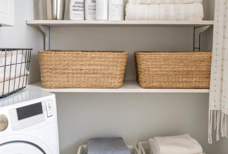 Sala de lavanderia moderna com produtos de organização indispensáveis, organizados de forma limpa