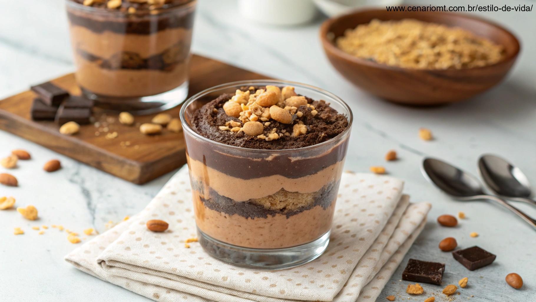 Pavê de chocolate com amendoim, servido em copo transparente