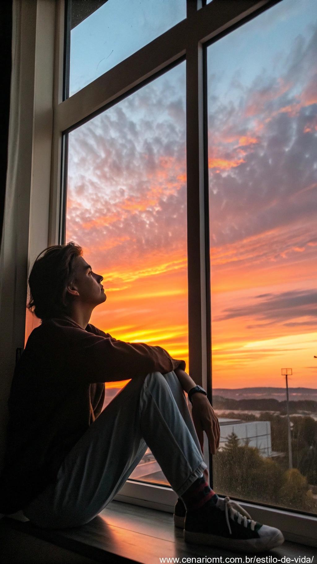 Pessoa pensativa olhando para o amanhecer pela janela.