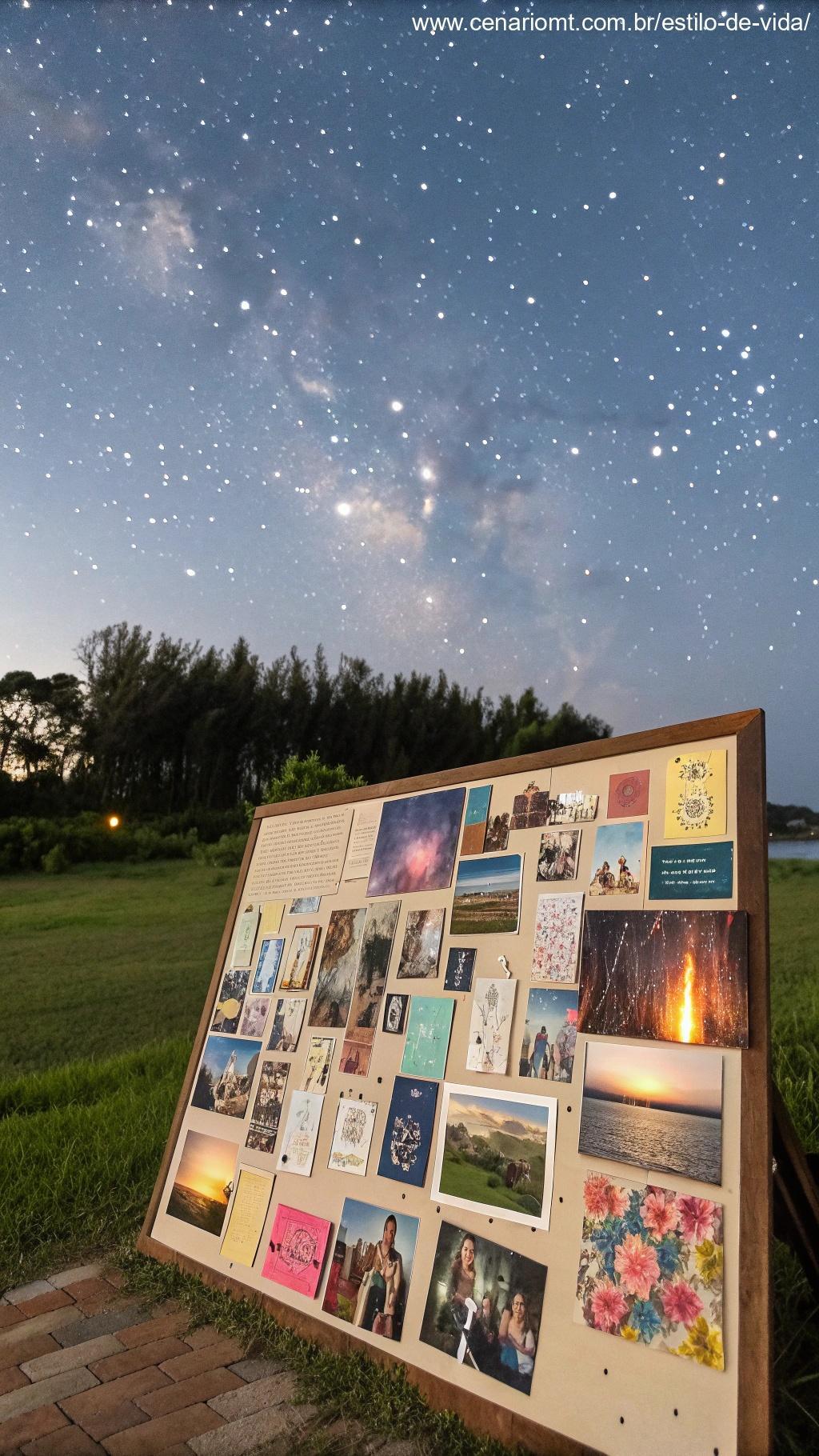 Um quadro de visão com imagens e palavras representando metas e sonhos, colocado sob um céu estrelado, simbolizando planejamento estratégico durante a lua nova.