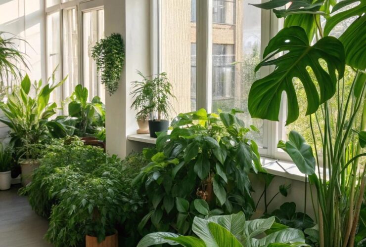 Espaço interno vibrante com plantas verdes saudáveis, mostrando uma variedade de espécies prosperando em uma sala bem iluminada com luz natural
