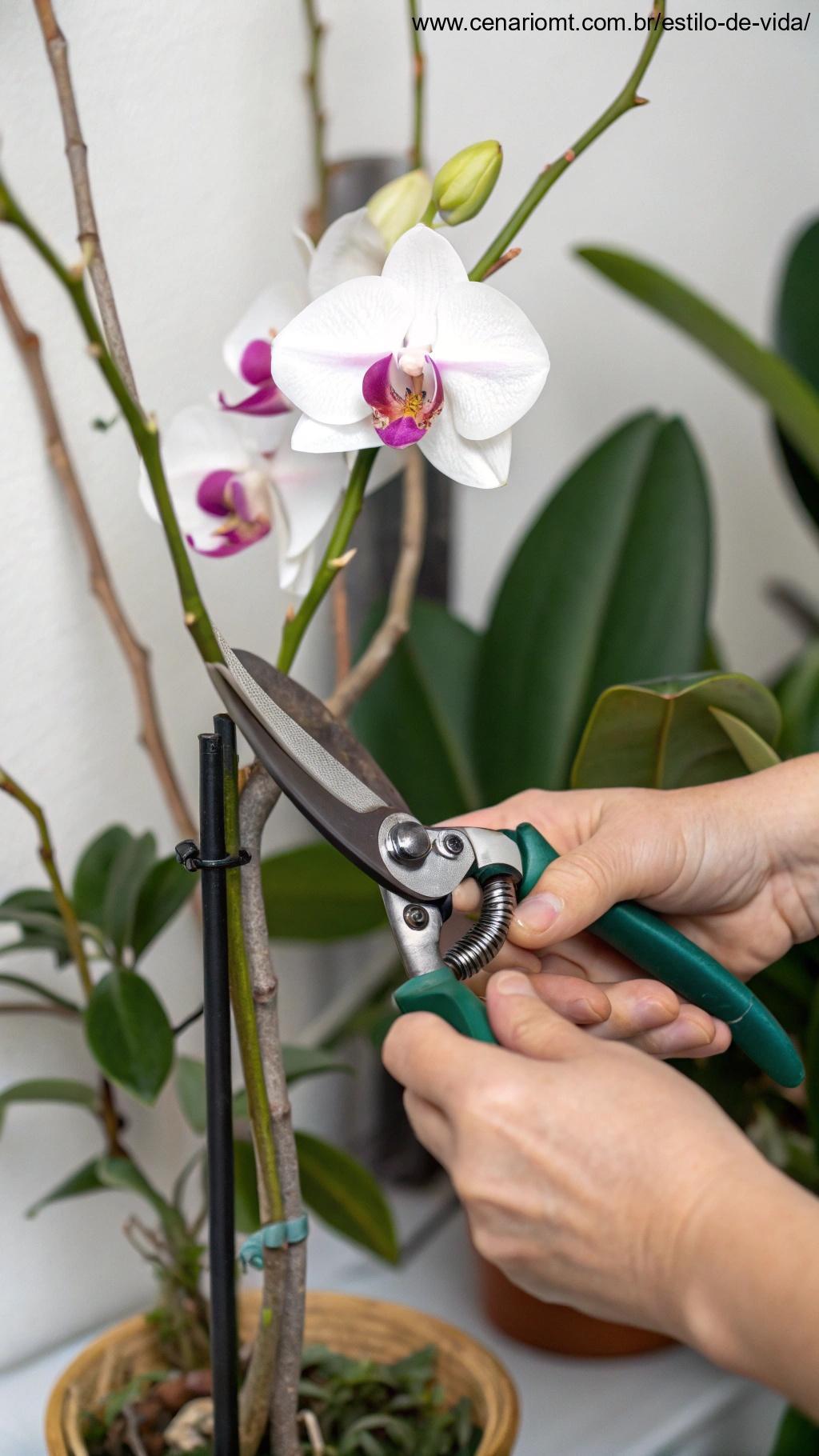 Tesoura de poda cortando cuidadosamente o caule de uma orquídea