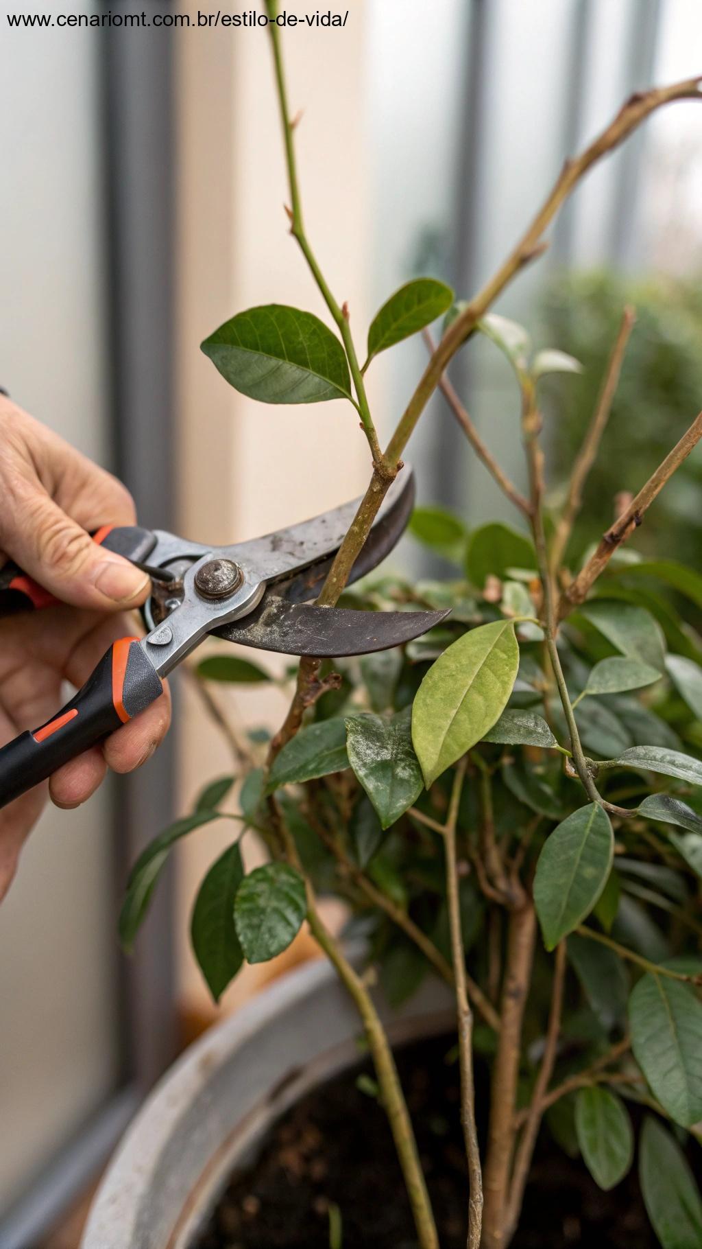 Tesoura de podar cortando cuidadosamente as folhas mortas de uma planta de interior