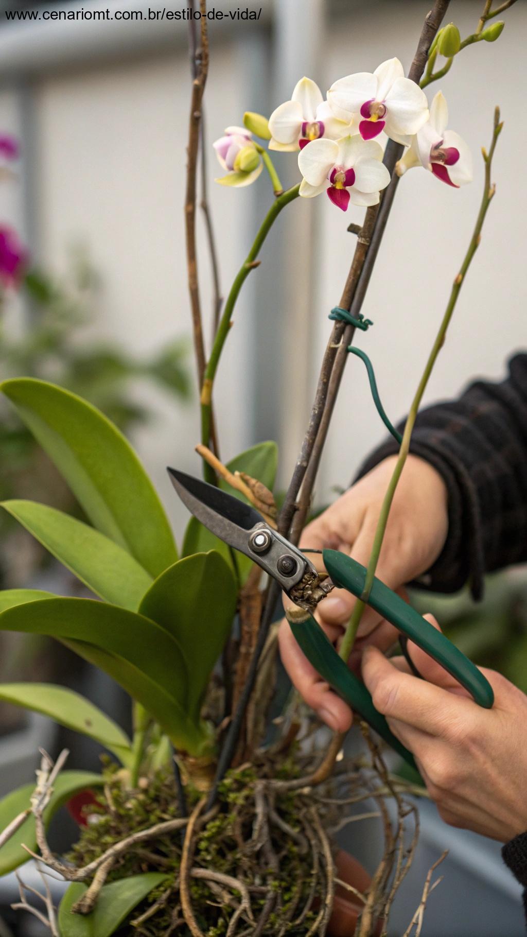 Um par de tesouras de podar cuidadosamente cortando um caule morto de uma planta de orquídea para incentivar o novo crescimento
