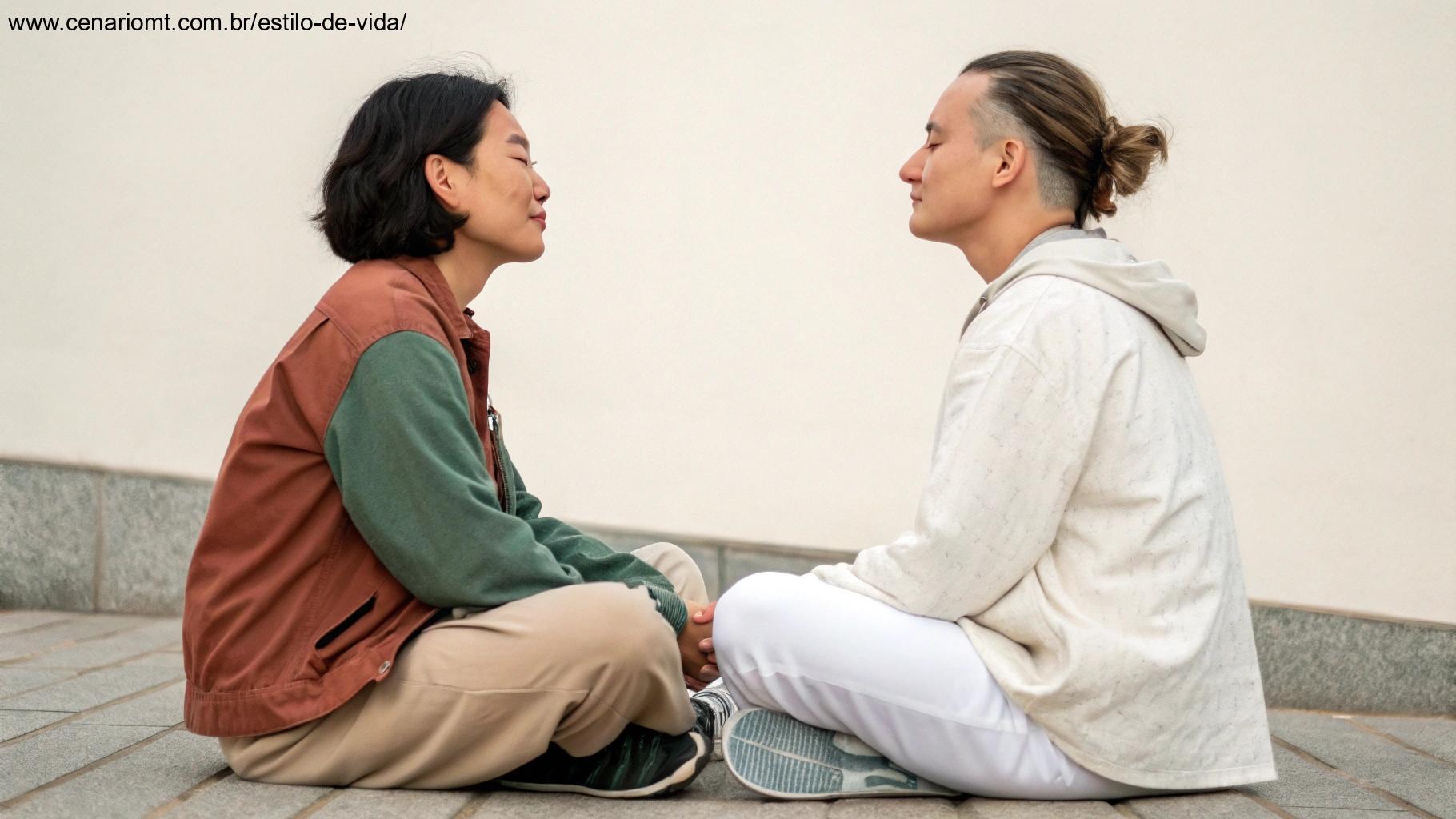 Duas pessoas de culturas diferentes sentadas juntas em harmonia, compartilhando um momento de paz, representando o poder da tolerância e do respeito mútuo.