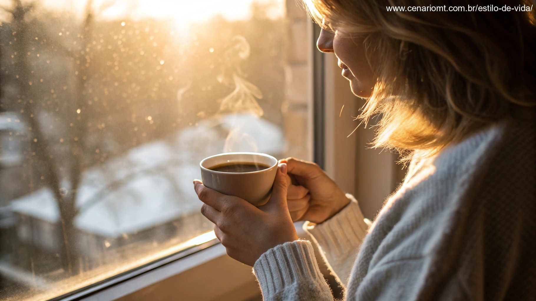 Close-up de uma pessoa segurando uma xícara de café quente, com a luz suave da manhã entrando por uma janela, criando uma atmosfera aconchegante e motivacional.